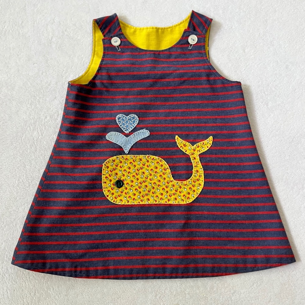 VTG Jumper Dress Navy Red Striped Whale Applique Vintage Toddler 2T
